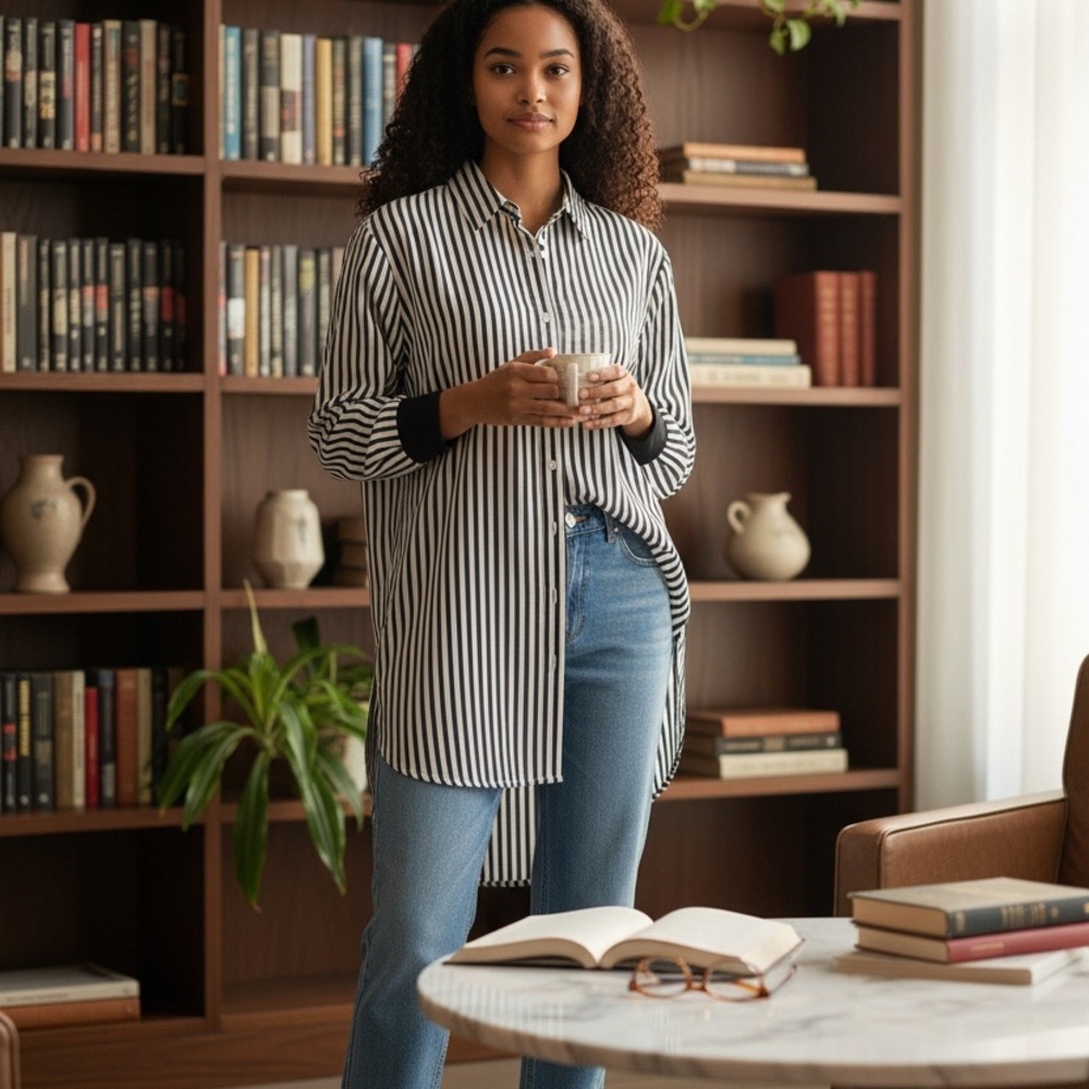 Chelsea & Theodore Black and White Long-Sleeve Striped Shirt Dress